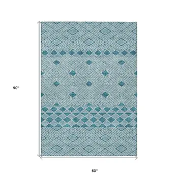 5' X 8' Teal Blue And Aqua Geometric Washable Indoor Outdoor Area Rug