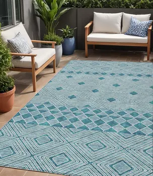 5' X 8' Teal Blue And Aqua Geometric Washable Indoor Outdoor Area Rug