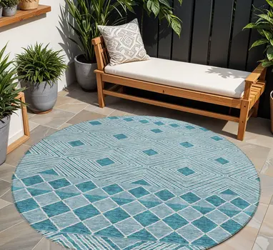 8' Teal Blue And Aqua Round Geometric Washable Indoor Outdoor Area Rug