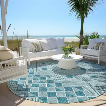 8' Teal Blue And Aqua Round Geometric Washable Indoor Outdoor Area Rug
