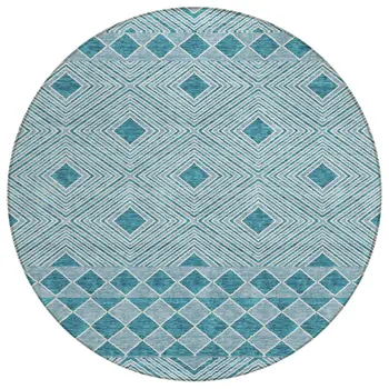 8' Teal Blue And Aqua Round Geometric Washable Indoor Outdoor Area Rug