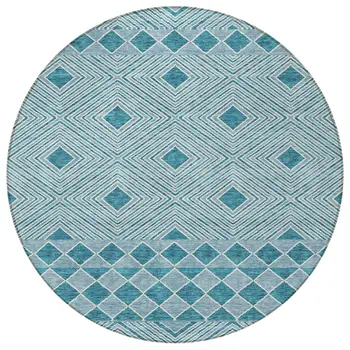 8' Teal Blue And Aqua Round Geometric Washable Indoor Outdoor Area Rug
