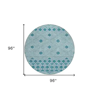 8' Teal Blue And Aqua Round Geometric Washable Indoor Outdoor Area Rug