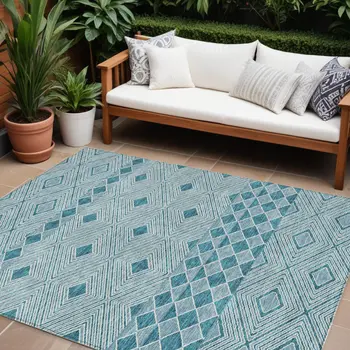 8' X 10' Teal Blue And Aqua Geometric Washable Indoor Outdoor Area Rug