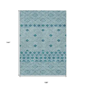 9' X 12' Teal Blue And Aqua Geometric Washable Indoor Outdoor Area Rug