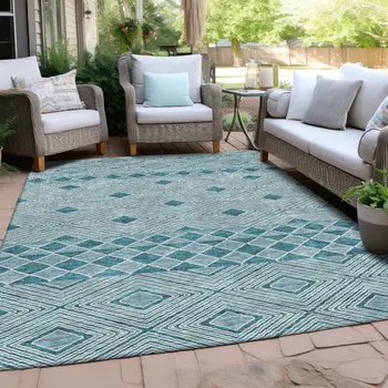 10' X 14' Teal Blue And Aqua Geometric Washable Indoor Outdoor Area Rug