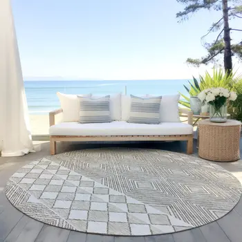 8' Taupe And Ivory Round Geometric Washable Indoor Outdoor Area Rug