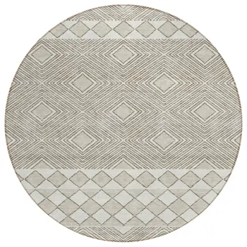 8' Taupe And Ivory Round Geometric Washable Indoor Outdoor Area Rug