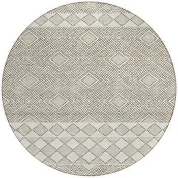 8' Taupe And Ivory Round Geometric Washable Indoor Outdoor Area Rug