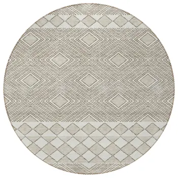 8' Taupe And Ivory Round Geometric Washable Indoor Outdoor Area Rug