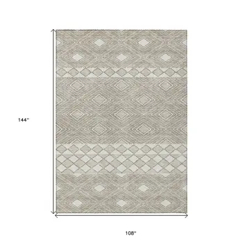 9' X 12' Taupe And Ivory Geometric Washable Indoor Outdoor Area Rug