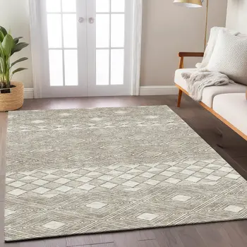 9' X 12' Taupe And Ivory Geometric Washable Indoor Outdoor Area Rug