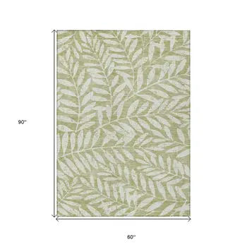 5' X 8' Artichoke Green And Ivory Floral Washable Indoor Outdoor Area Rug