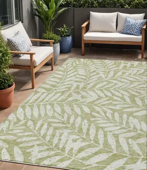 5' X 8' Artichoke Green And Ivory Floral Washable Indoor Outdoor Area Rug