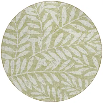 8' Artichoke Green And Ivory Round Floral Washable Indoor Outdoor Area Rug