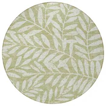 8' Artichoke Green And Ivory Round Floral Washable Indoor Outdoor Area Rug