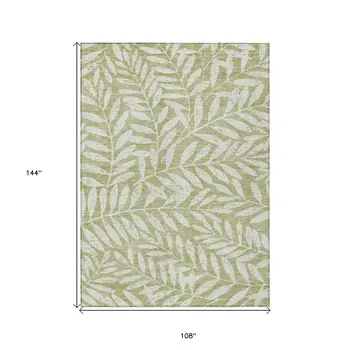 9' X 12' Artichoke Green And Ivory Floral Washable Indoor Outdoor Area Rug