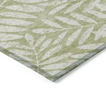 9' X 12' Artichoke Green And Ivory Floral Washable Indoor Outdoor Area Rug