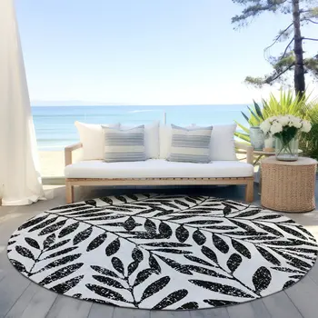 8' Black And Ivory Round Floral Washable Indoor Outdoor Area Rug