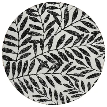 8' Black And Ivory Round Floral Washable Indoor Outdoor Area Rug