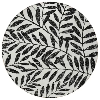 8' Black And Ivory Round Floral Washable Indoor Outdoor Area Rug