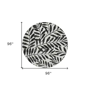8' Black And Ivory Round Floral Washable Indoor Outdoor Area Rug