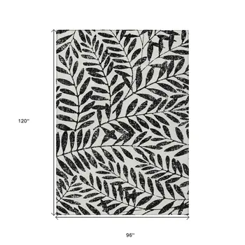 8' X 10' Black And Ivory Floral Washable Indoor Outdoor Area Rug