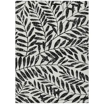 8' X 10' Black And Ivory Floral Washable Indoor Outdoor Area Rug