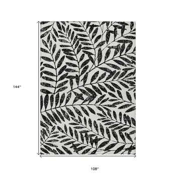 9' X 12' Black And Ivory Floral Washable Indoor Outdoor Area Rug