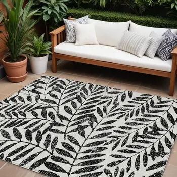 9' X 12' Black And Ivory Floral Washable Indoor Outdoor Area Rug
