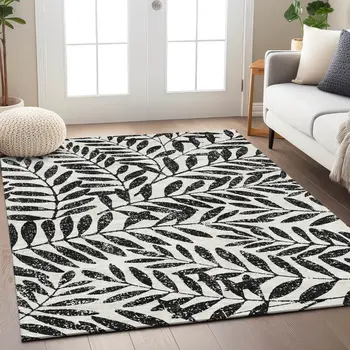 9' X 12' Black And Ivory Floral Washable Indoor Outdoor Area Rug