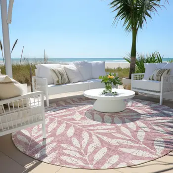 8' Blush And Ivory Round Floral Washable Indoor Outdoor Area Rug