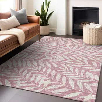 9' X 12' Blush And Ivory Floral Washable Indoor Outdoor Area Rug