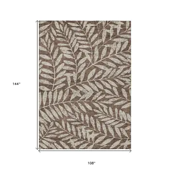 9' X 12' Brown And Beige Floral Washable Indoor Outdoor Area Rug