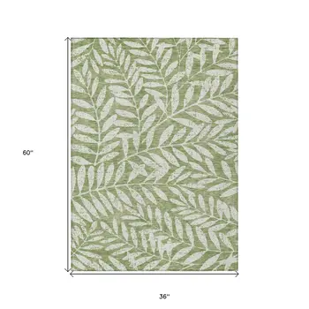3' X 5' Green And Ivory Floral Washable Indoor Outdoor Area Rug