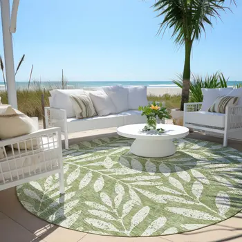 8' Green And Ivory Round Floral Washable Indoor Outdoor Area Rug