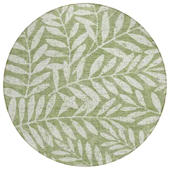 8' Green And Ivory Round Floral Washable Indoor Outdoor Area Rug