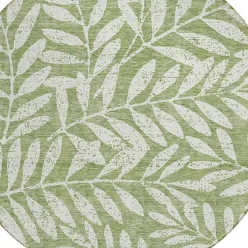 8' Green And Ivory Round Floral Washable Indoor Outdoor Area Rug