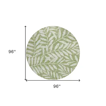 8' Green And Ivory Round Floral Washable Indoor Outdoor Area Rug