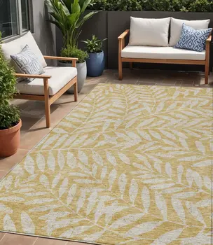 5' X 8' Gold And Gray Floral Washable Indoor Outdoor Area Rug