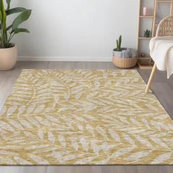 5' X 8' Gold And Gray Floral Washable Indoor Outdoor Area Rug