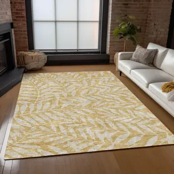 8' X 10' Gold And Gray Floral Washable Indoor Outdoor Area Rug