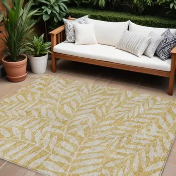 9' X 12' Gold And Gray Floral Washable Indoor Outdoor Area Rug