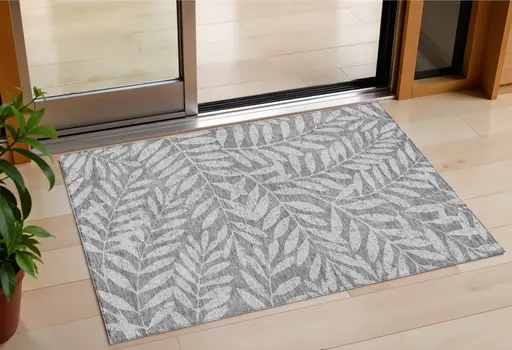 3' X 5' Gray And Light Gray Floral Washable Indoor Outdoor Area Rug