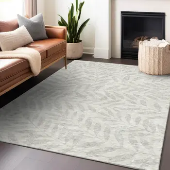 3' X 5' Ivory And Gray Floral Washable Indoor Outdoor Area Rug