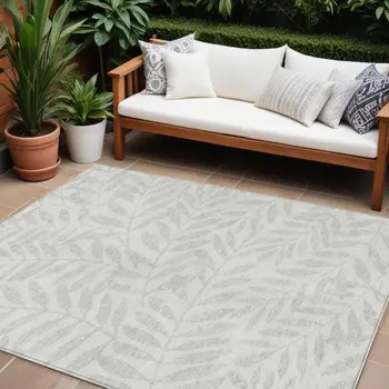 9' X 12' Ivory And Gray Floral Washable Indoor Outdoor Area Rug