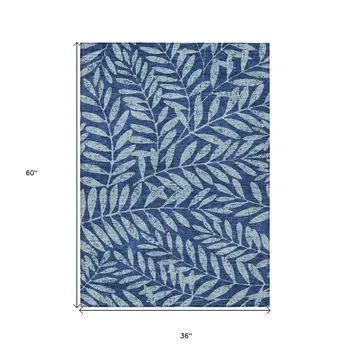 3' X 5' Navy Blue And Light Blue Floral Washable Indoor Outdoor Area Rug