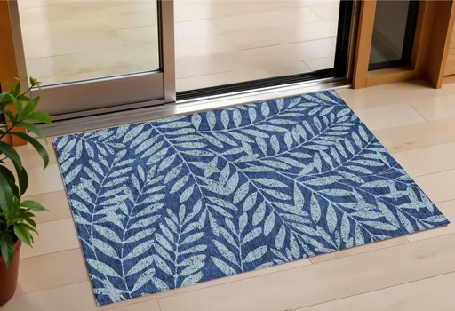 3' X 5' Navy Blue And Light Blue Floral Washable Indoor Outdoor Area Rug