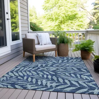 3' X 5' Navy Blue And Light Blue Floral Washable Indoor Outdoor Area Rug