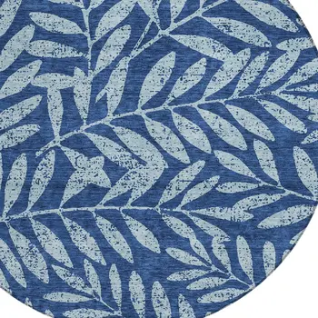 8' Navy Blue And Light Blue Round Floral Washable Indoor Outdoor Area Rug